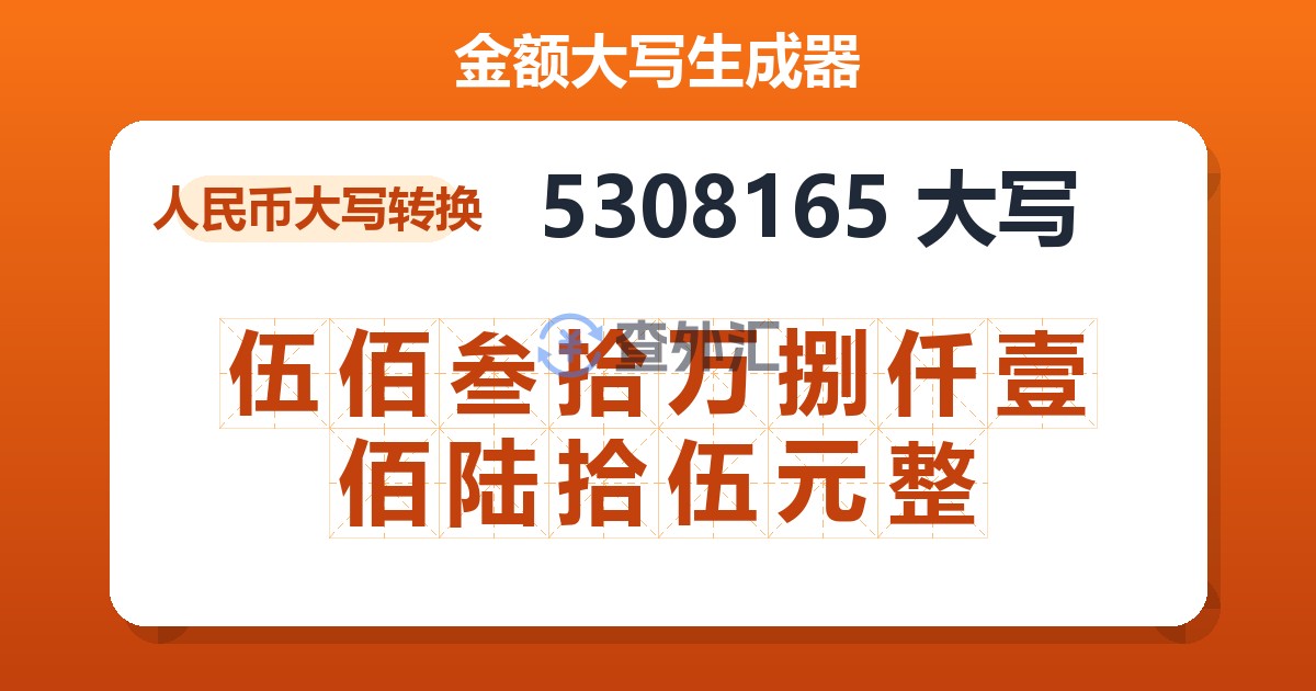 5308165大写 伍佰叁拾万捌仟壹佰陆拾伍元整