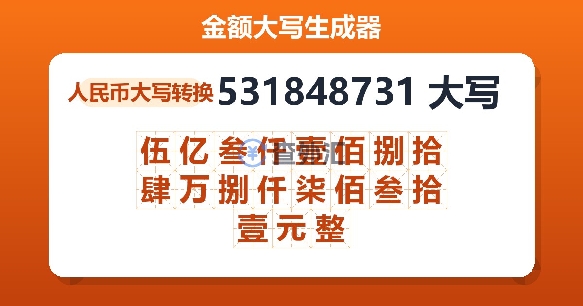 531848731大写 伍亿叁仟壹佰捌拾肆万捌仟柒佰叁拾壹元整