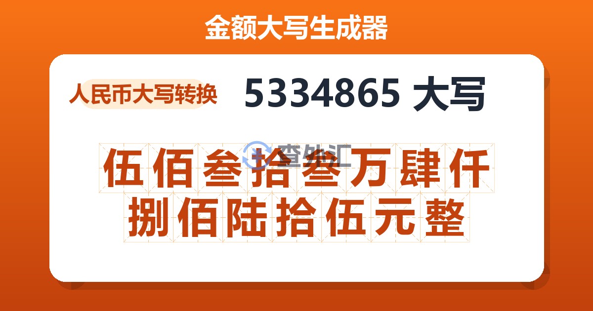 5334865大写 伍佰叁拾叁万肆仟捌佰陆拾伍元整