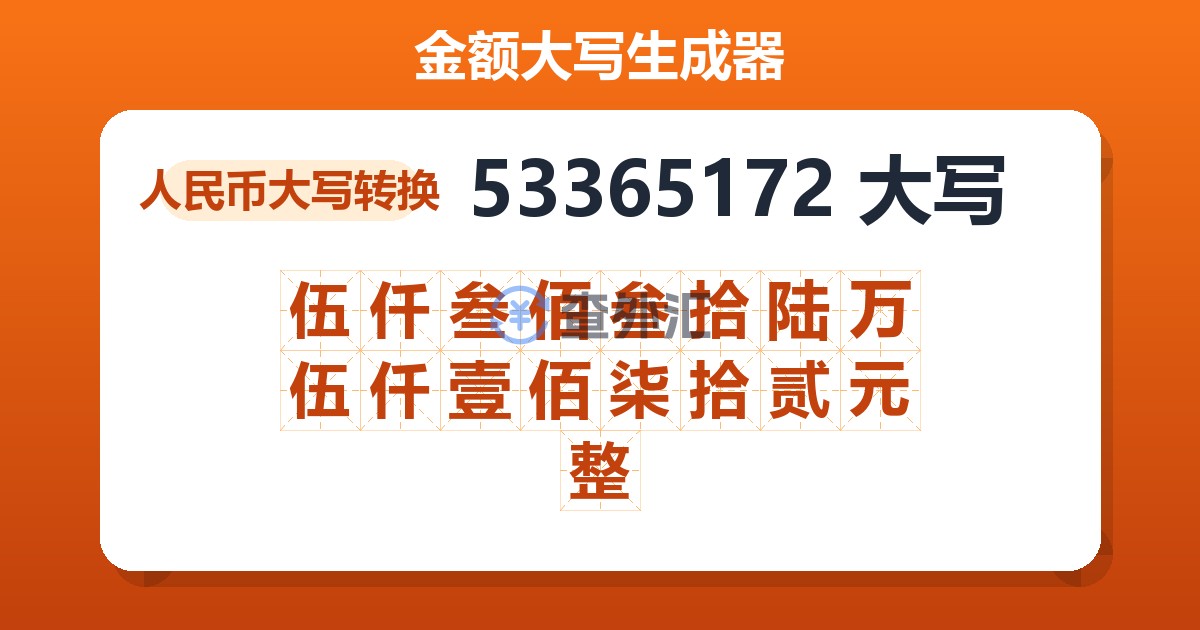53365172大写 伍仟叁佰叁拾陆万伍仟壹佰柒拾贰元整