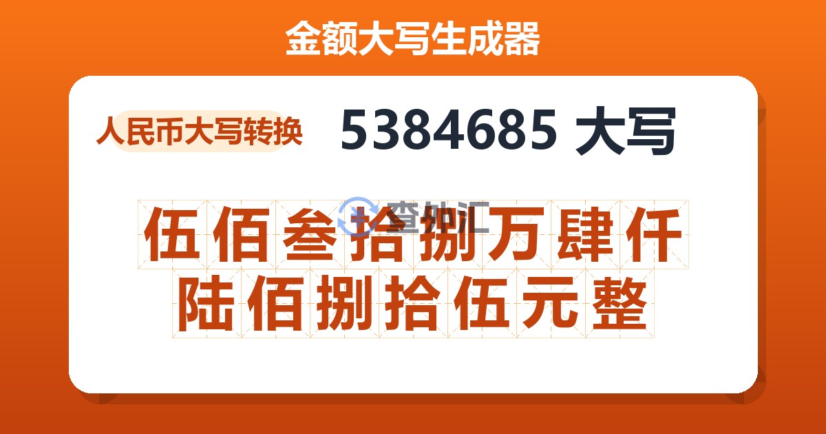 5384685大写 伍佰叁拾捌万肆仟陆佰捌拾伍元整