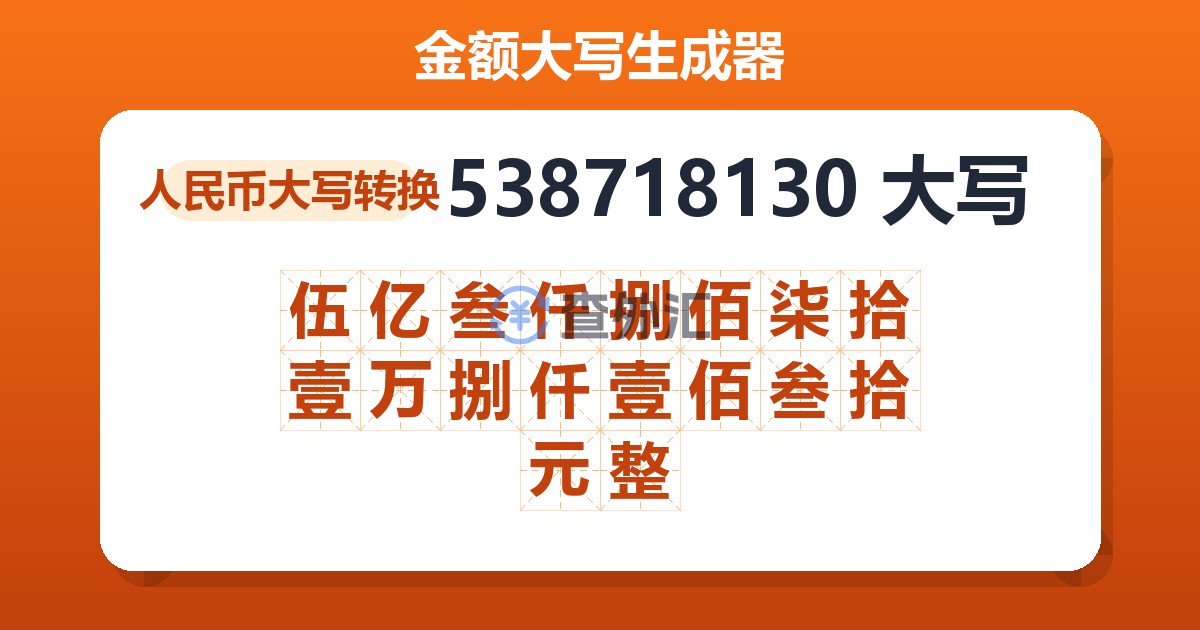 538718130大写 伍亿叁仟捌佰柒拾壹万捌仟壹佰叁拾元整