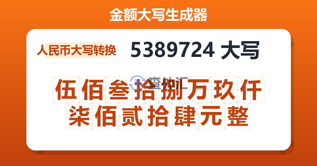 5389724大写 伍佰叁拾捌万玖仟柒佰贰拾肆元整