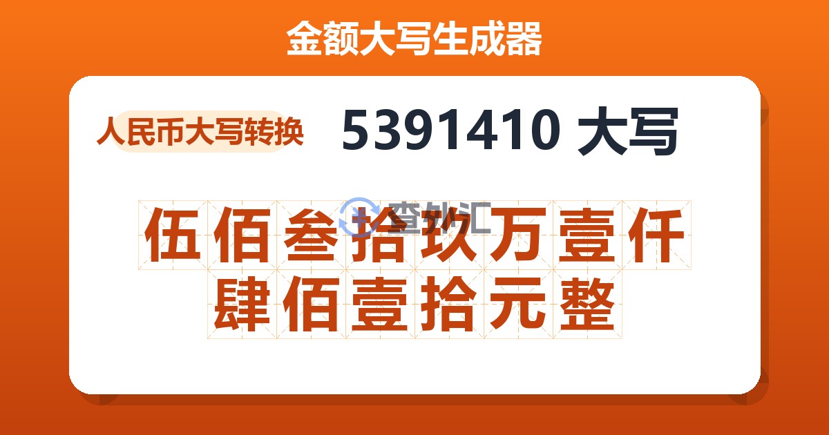 5391410大写 伍佰叁拾玖万壹仟肆佰壹拾元整