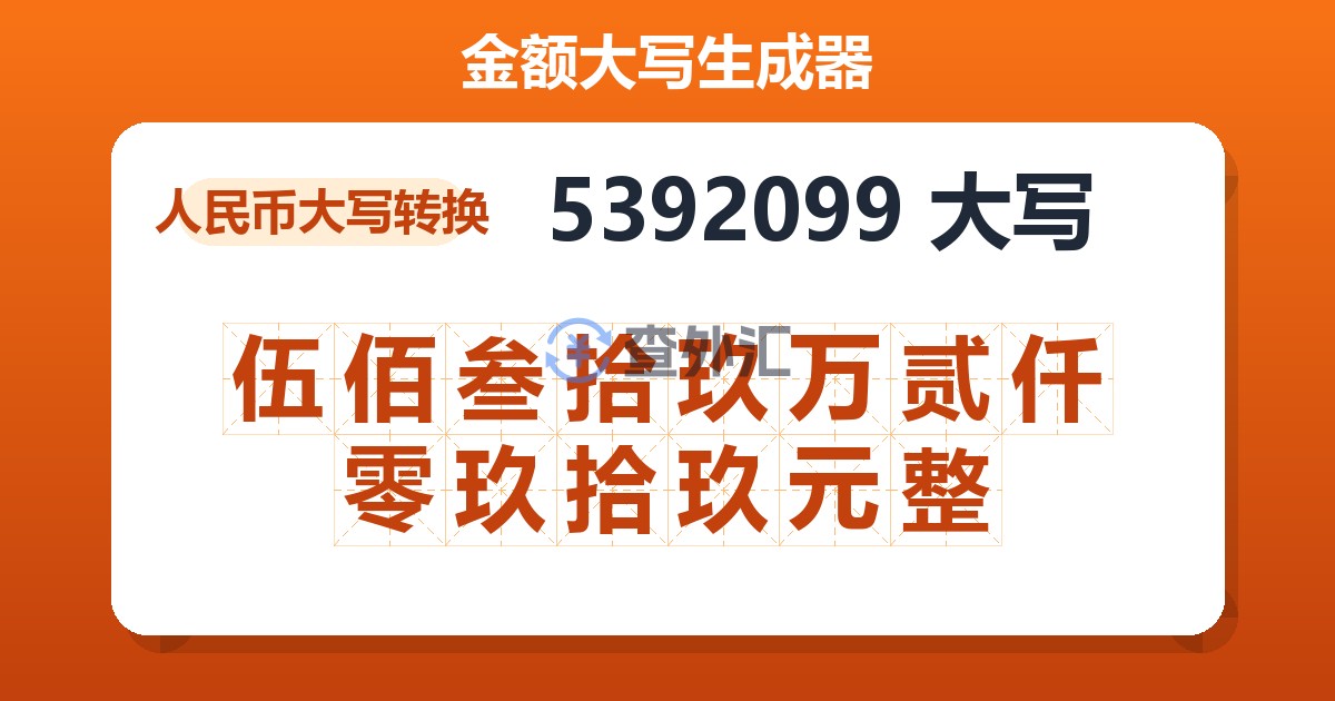 5392099大写 伍佰叁拾玖万贰仟零玖拾玖元整