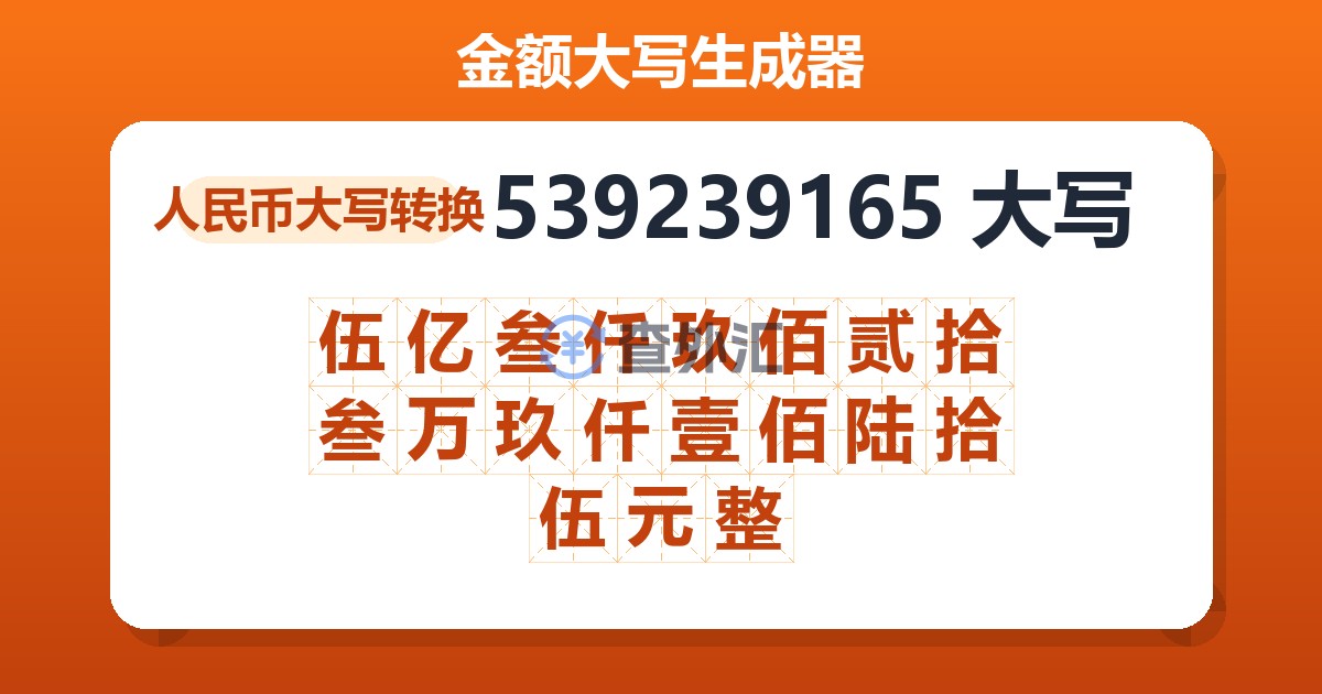 539239165大写 伍亿叁仟玖佰贰拾叁万玖仟壹佰陆拾伍元整