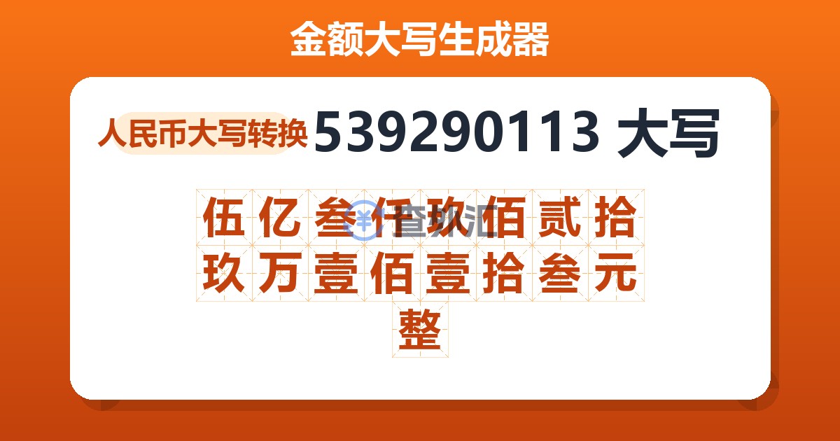 539290113大写 伍亿叁仟玖佰贰拾玖万壹佰壹拾叁元整