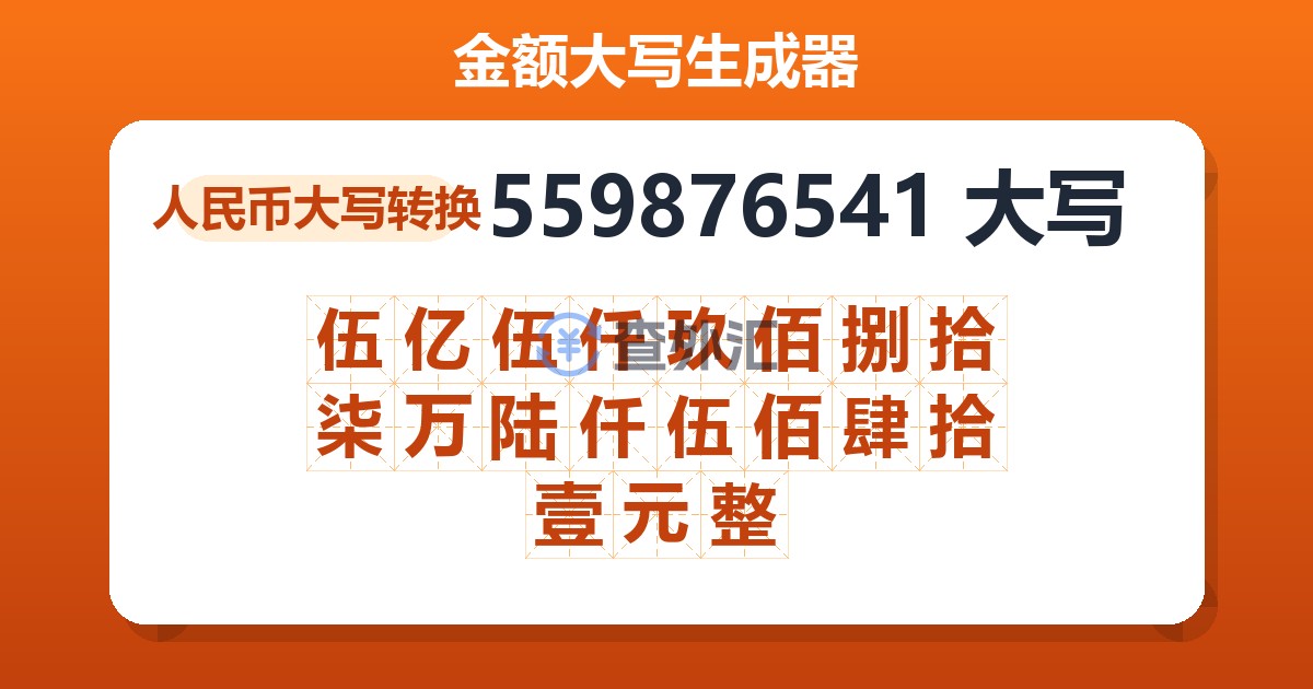 559876541大写 伍亿伍仟玖佰捌拾柒万陆仟伍佰肆拾壹元整