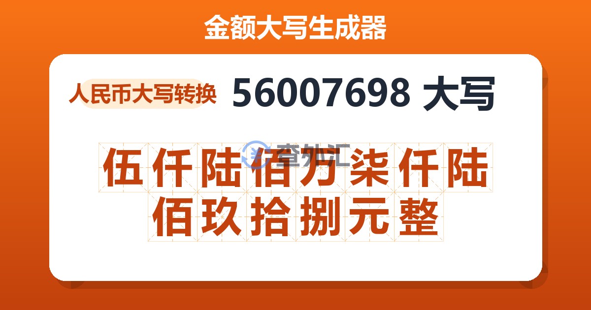 56007698大写 伍仟陆佰万柒仟陆佰玖拾捌元整