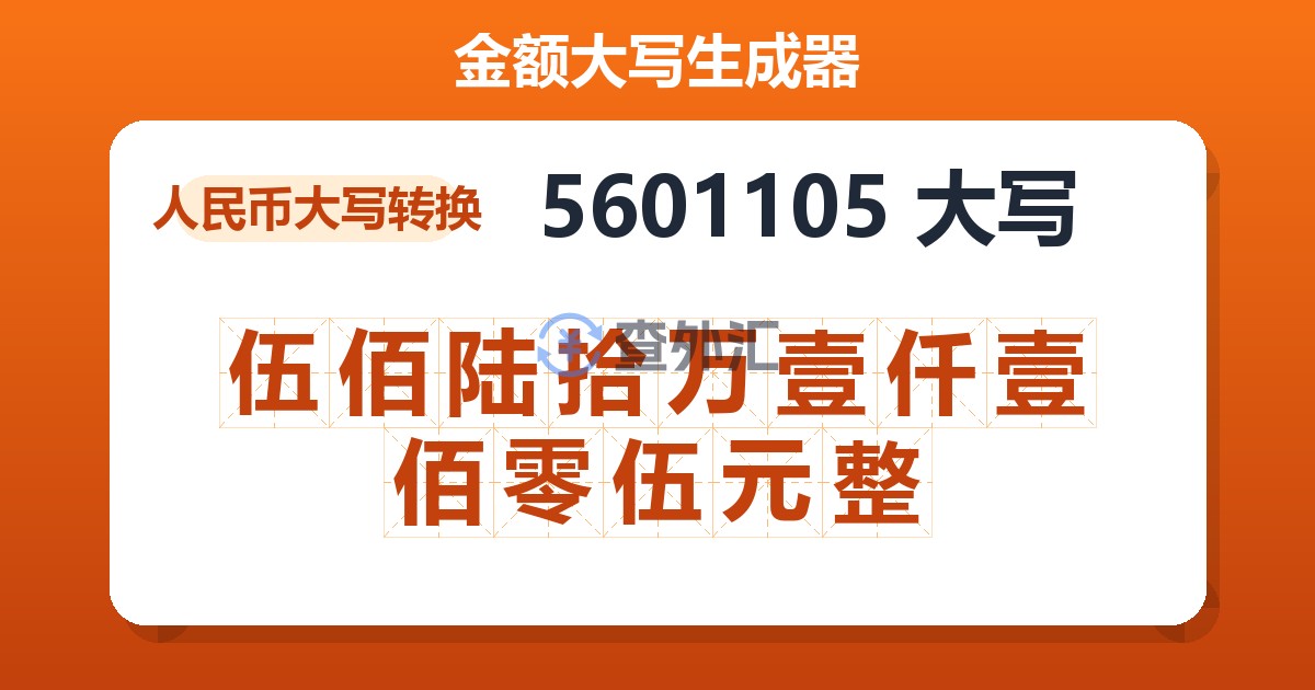 5601105大写 伍佰陆拾万壹仟壹佰零伍元整