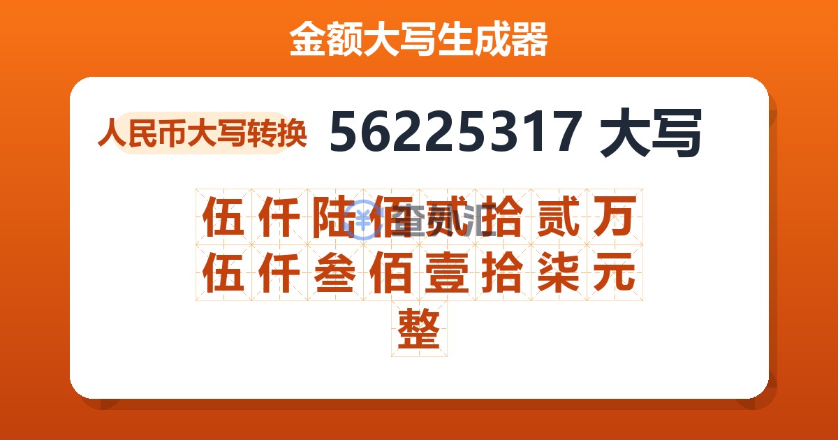 56225317大写 伍仟陆佰贰拾贰万伍仟叁佰壹拾柒元整