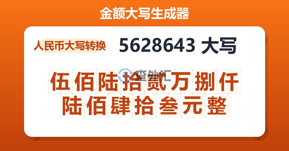 5628643大写 伍佰陆拾贰万捌仟陆佰肆拾叁元整