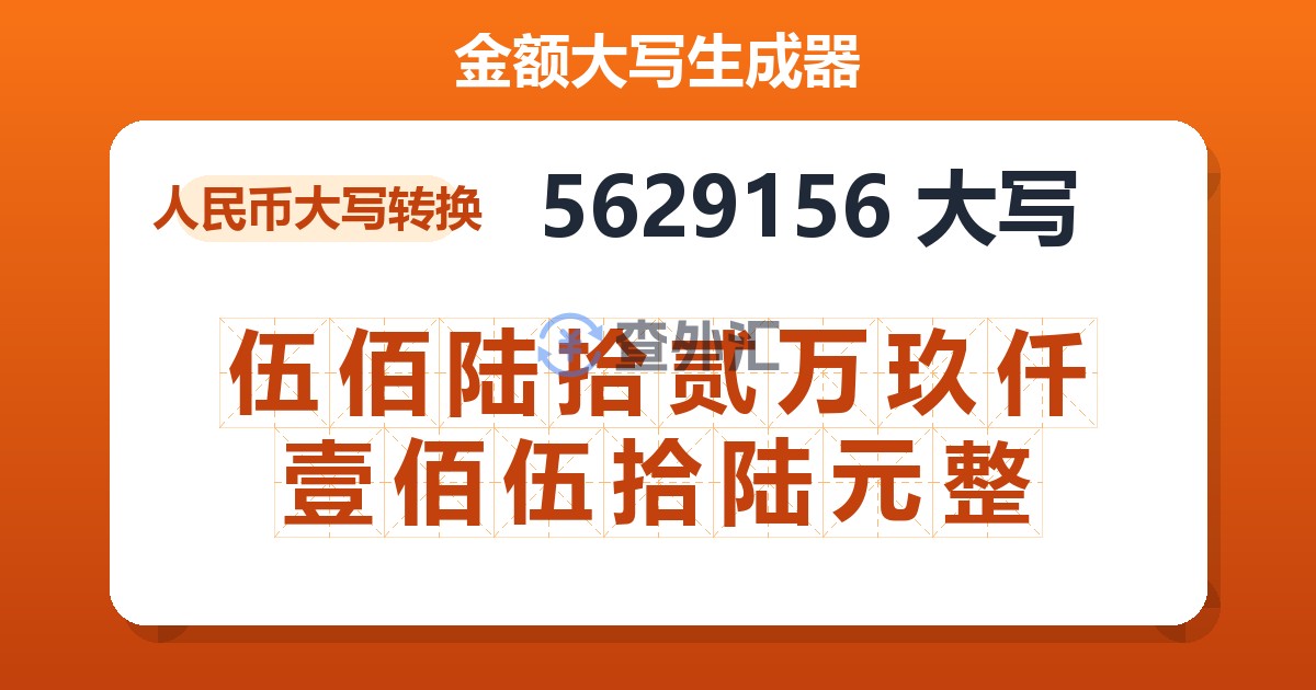 5629156大写 伍佰陆拾贰万玖仟壹佰伍拾陆元整