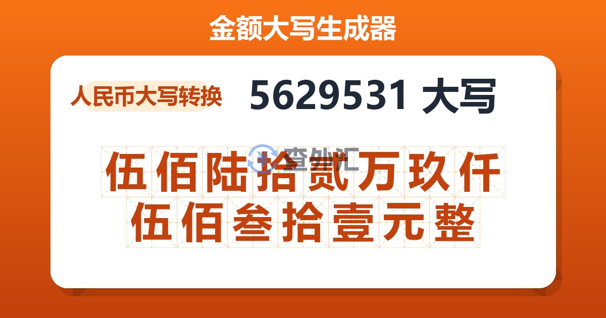 5629531大写 伍佰陆拾贰万玖仟伍佰叁拾壹元整