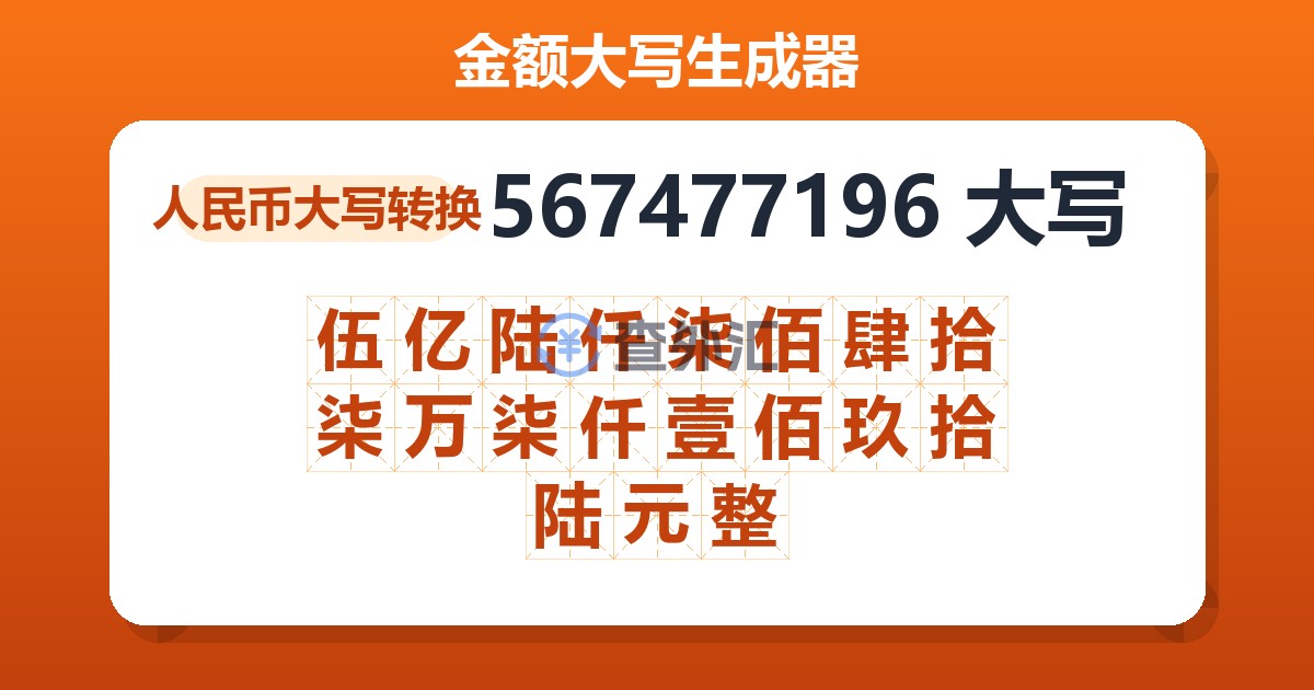 567477196大写 伍亿陆仟柒佰肆拾柒万柒仟壹佰玖拾陆元整