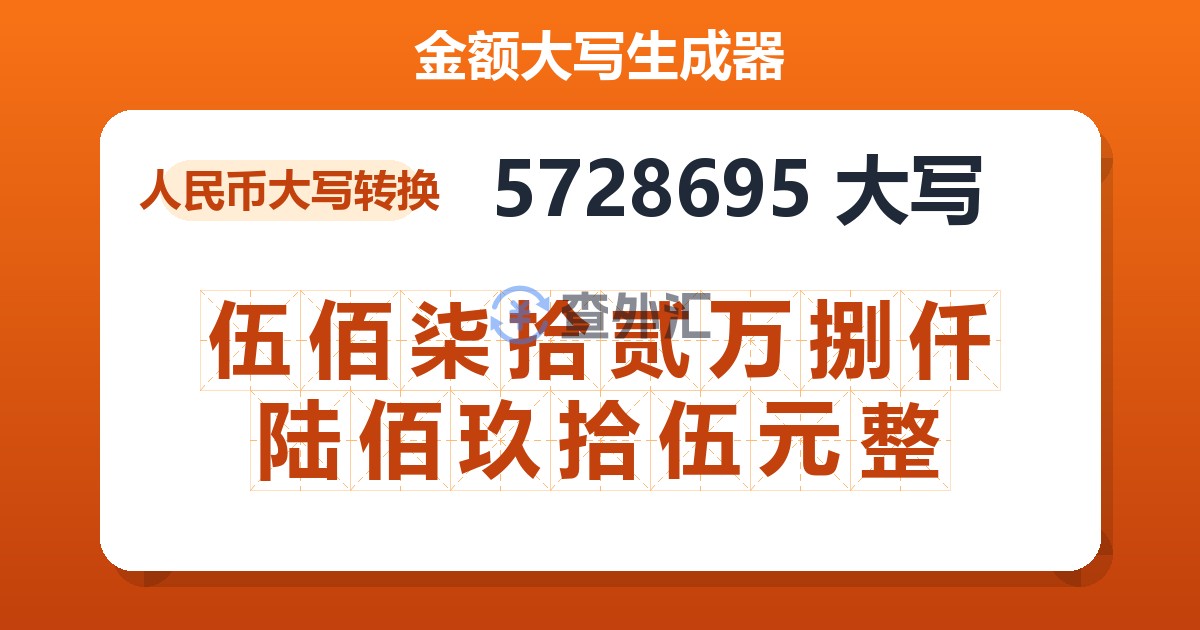 5728695大写 伍佰柒拾贰万捌仟陆佰玖拾伍元整