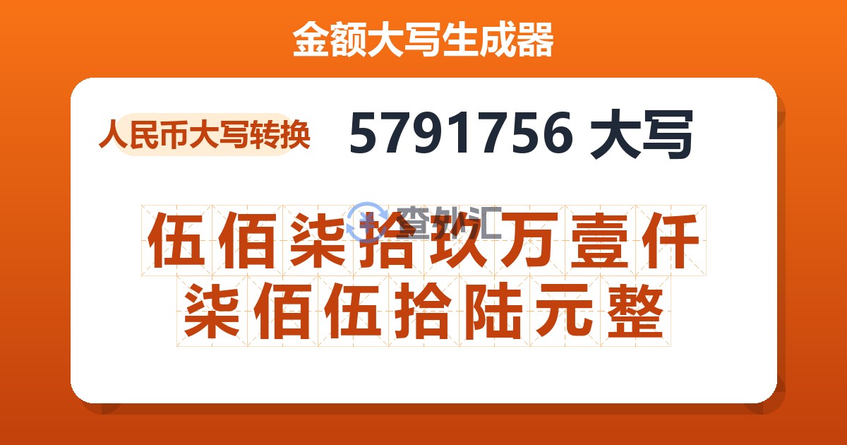 5791756大写 伍佰柒拾玖万壹仟柒佰伍拾陆元整