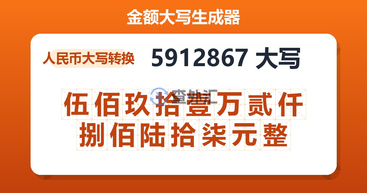 5912867大写 伍佰玖拾壹万贰仟捌佰陆拾柒元整