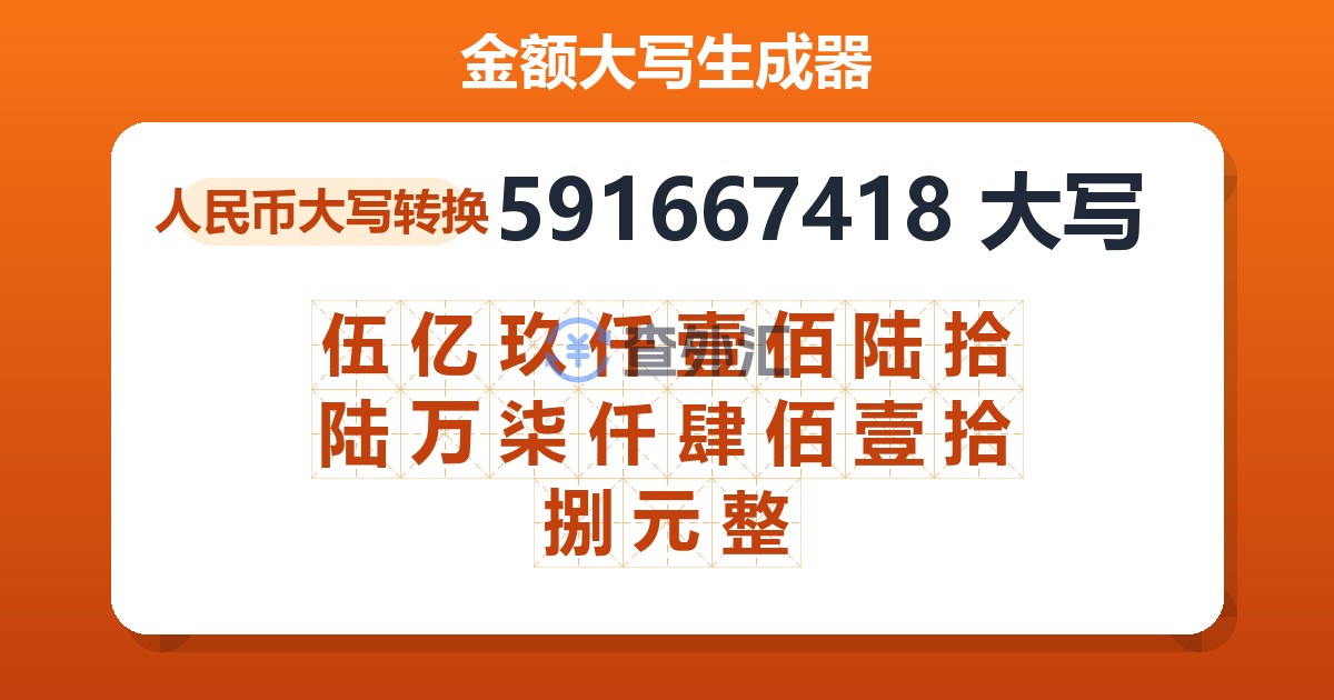 591667418大写 伍亿玖仟壹佰陆拾陆万柒仟肆佰壹拾捌元整