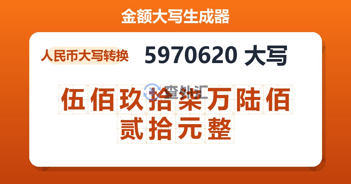 5970620大写 伍佰玖拾柒万陆佰贰拾元整