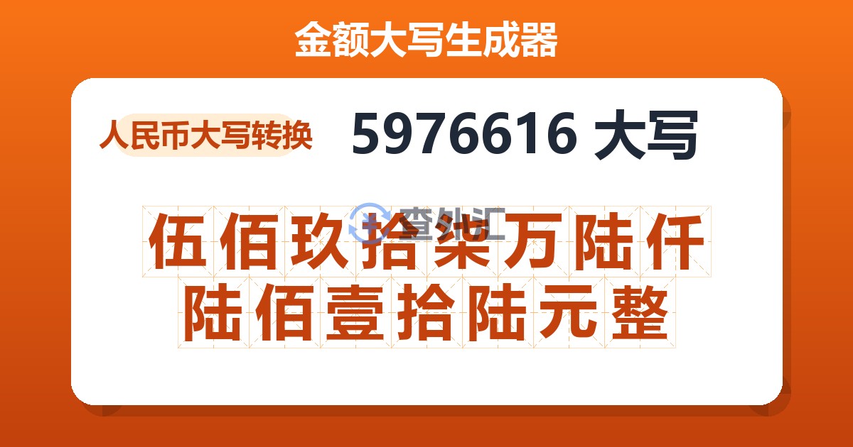 5976616大写 伍佰玖拾柒万陆仟陆佰壹拾陆元整