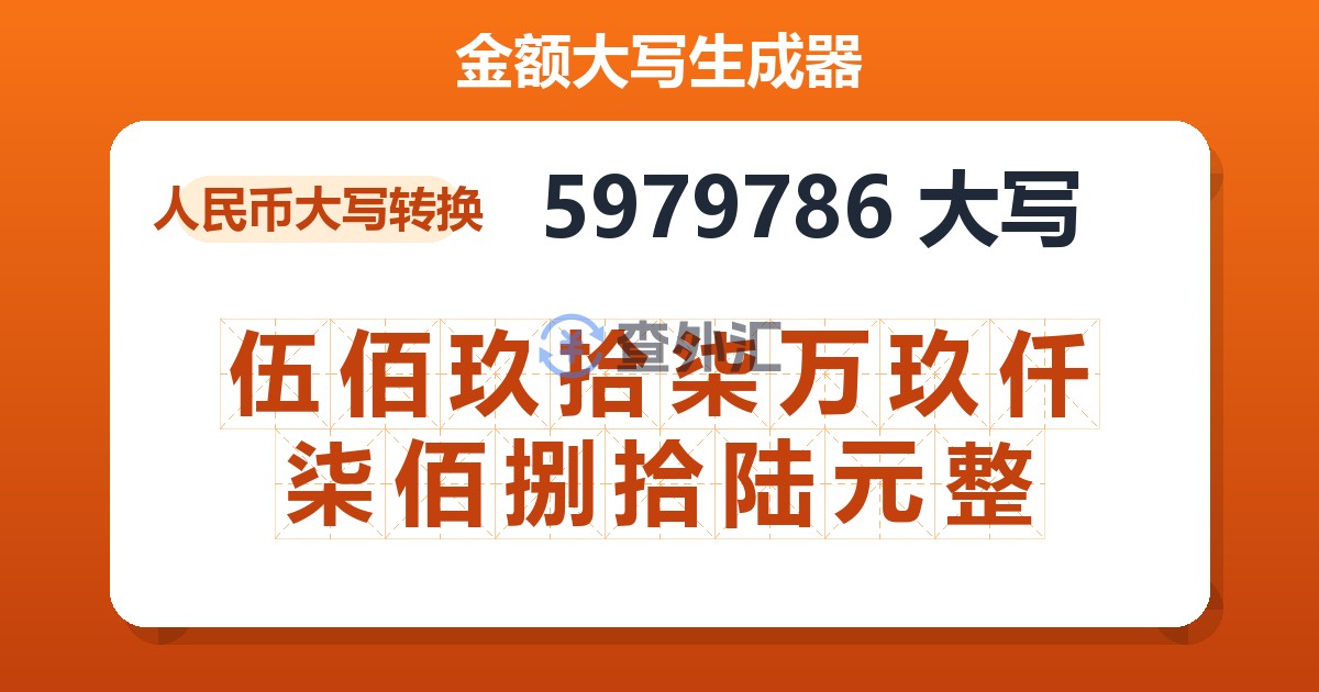 5979786大写 伍佰玖拾柒万玖仟柒佰捌拾陆元整