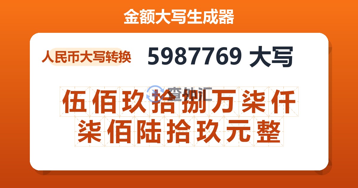 5987769大写 伍佰玖拾捌万柒仟柒佰陆拾玖元整