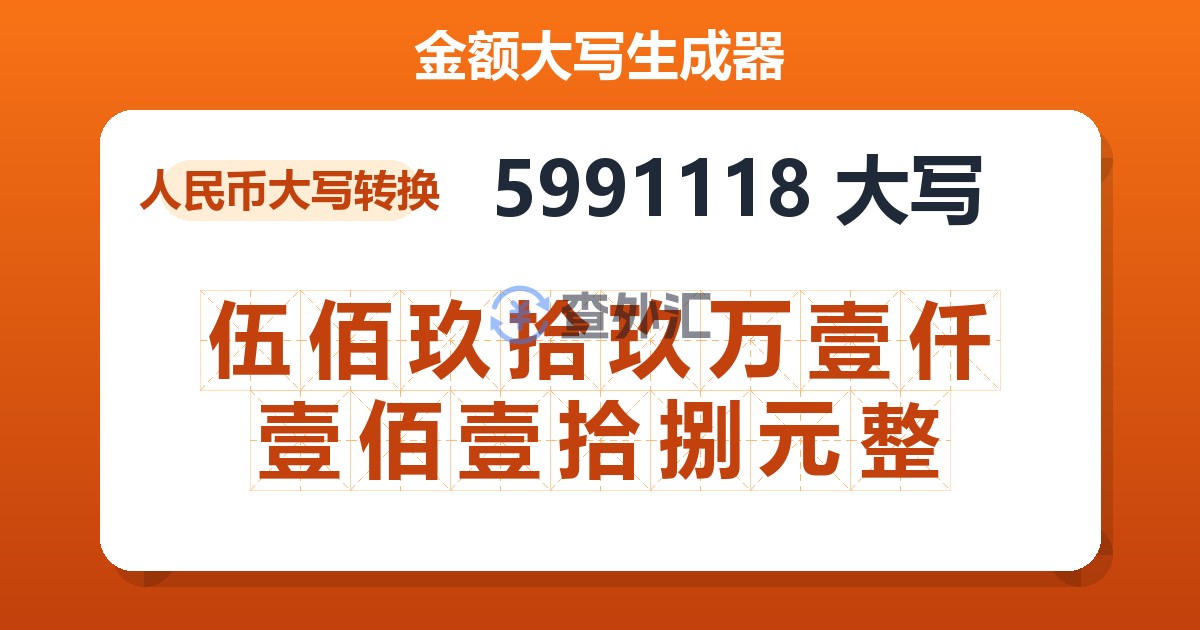 5991118大写 伍佰玖拾玖万壹仟壹佰壹拾捌元整