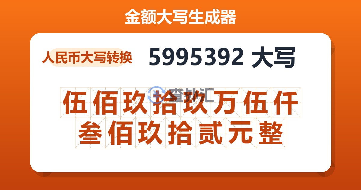 5995392大写 伍佰玖拾玖万伍仟叁佰玖拾贰元整