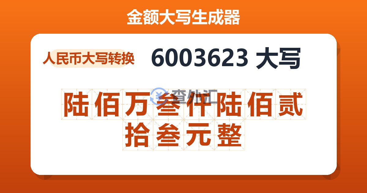 6003623大写 陆佰万叁仟陆佰贰拾叁元整