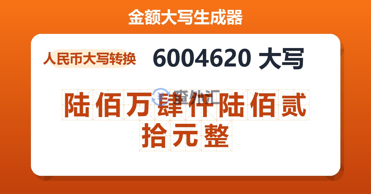 6004620大写 陆佰万肆仟陆佰贰拾元整
