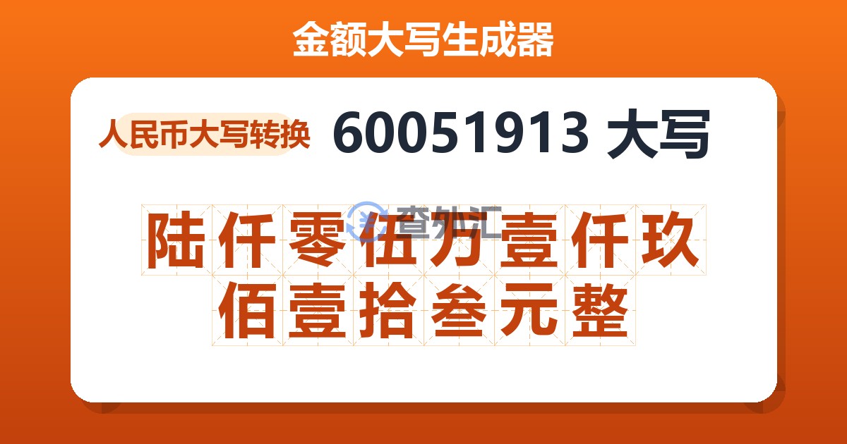 60051913大写 陆仟零伍万壹仟玖佰壹拾叁元整