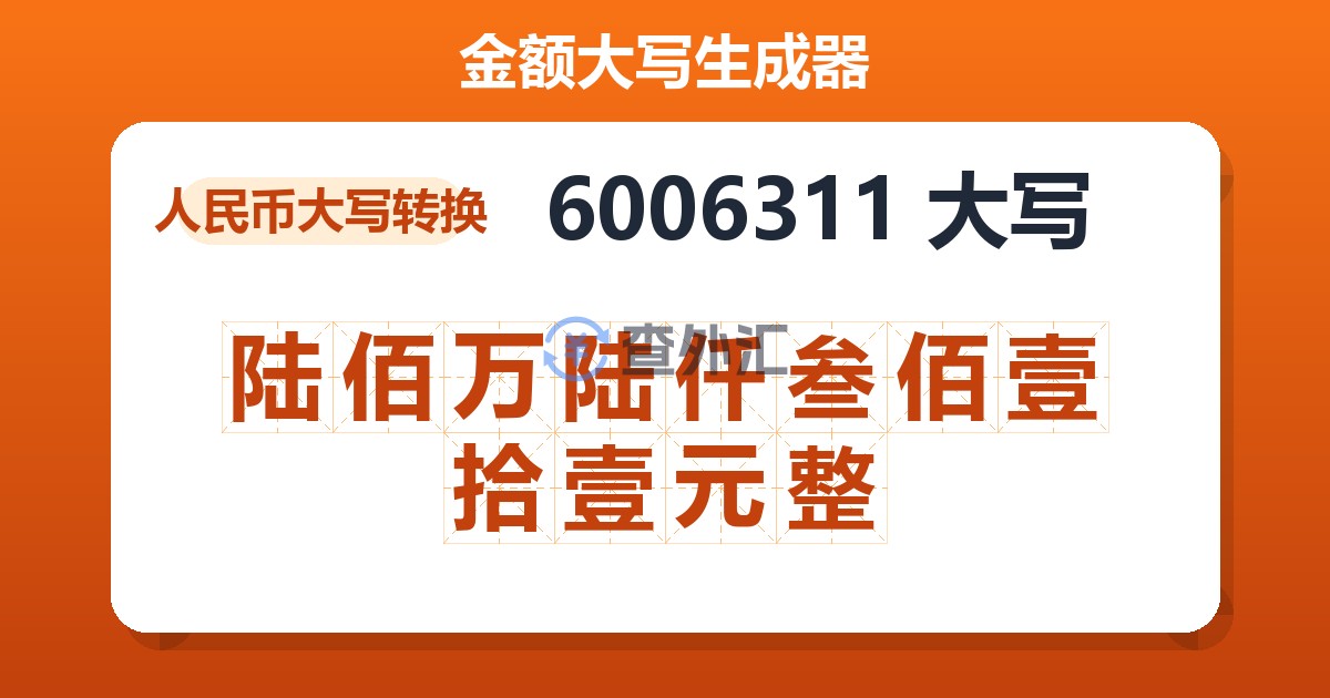 6006311大写 陆佰万陆仟叁佰壹拾壹元整