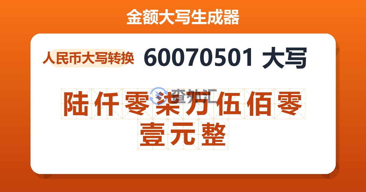 60070501大写 陆仟零柒万伍佰零壹元整