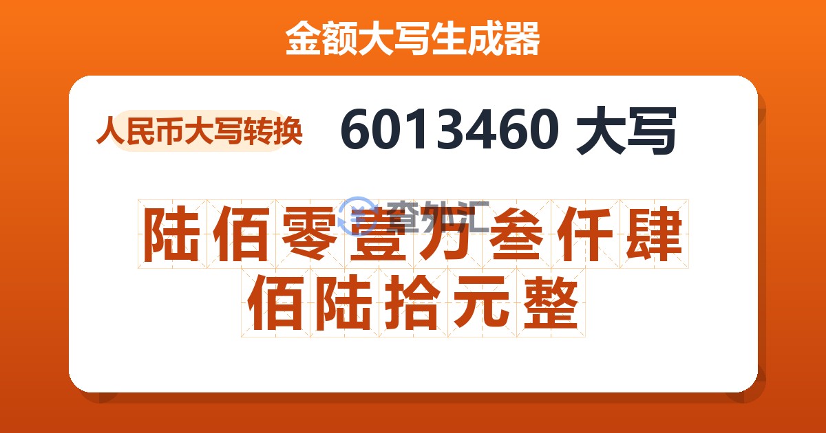 6013460大写 陆佰零壹万叁仟肆佰陆拾元整
