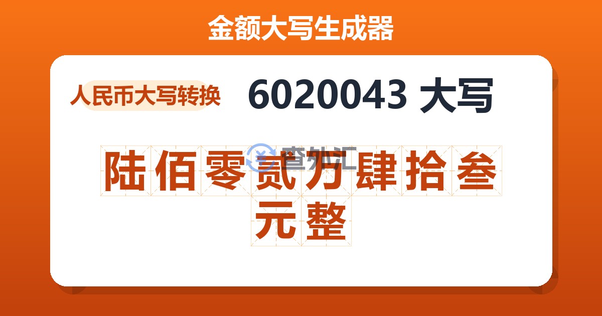 6020043大写 陆佰零贰万肆拾叁元整