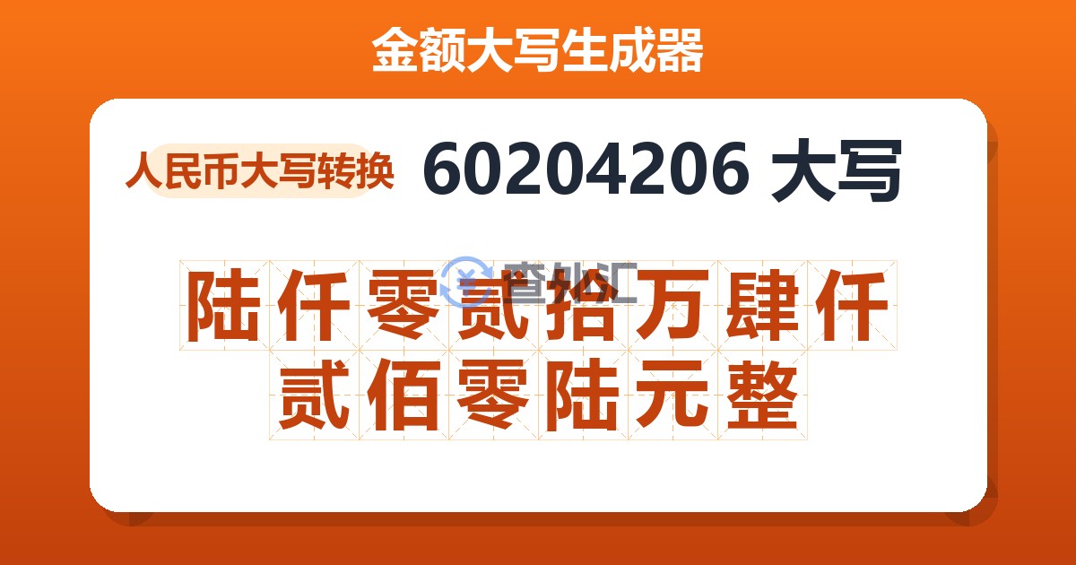 60204206大写 陆仟零贰拾万肆仟贰佰零陆元整