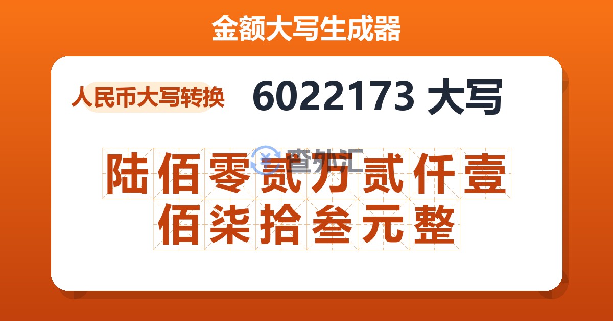 6022173大写 陆佰零贰万贰仟壹佰柒拾叁元整