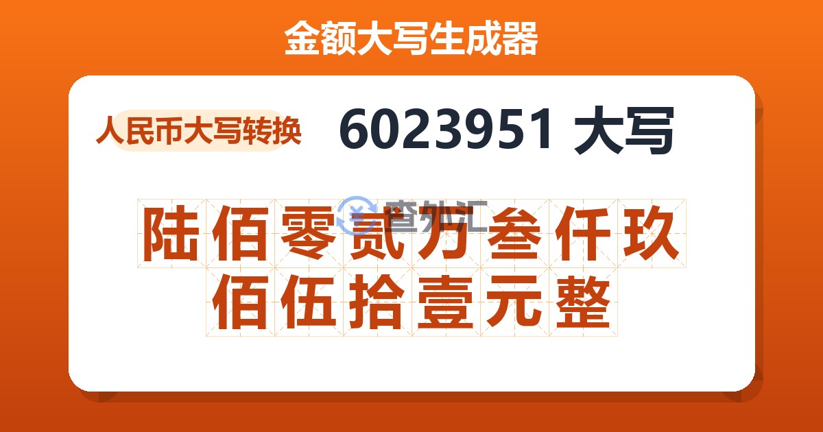 6023951大写 陆佰零贰万叁仟玖佰伍拾壹元整