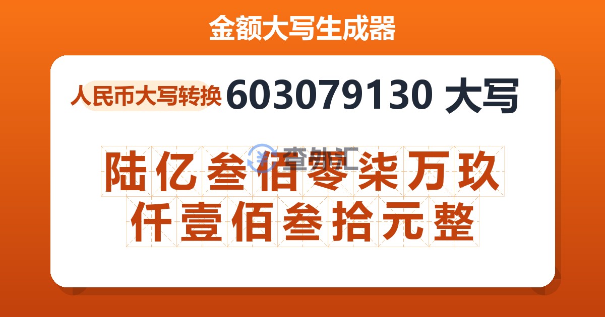 603079130大写 陆亿叁佰零柒万玖仟壹佰叁拾元整