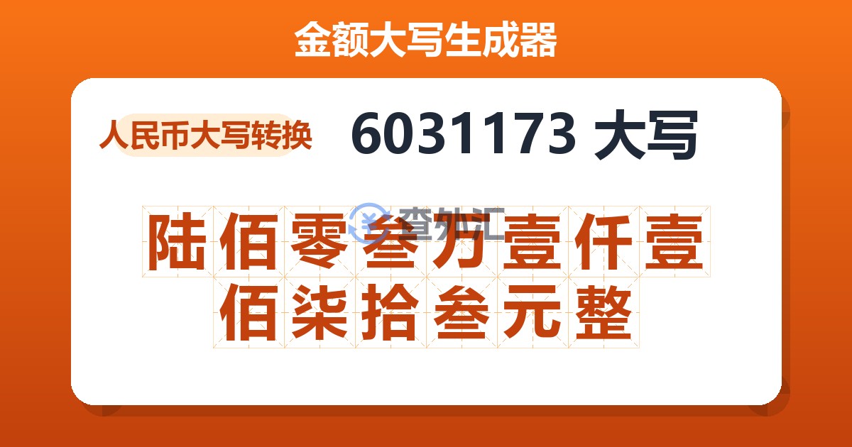 6031173大写 陆佰零叁万壹仟壹佰柒拾叁元整