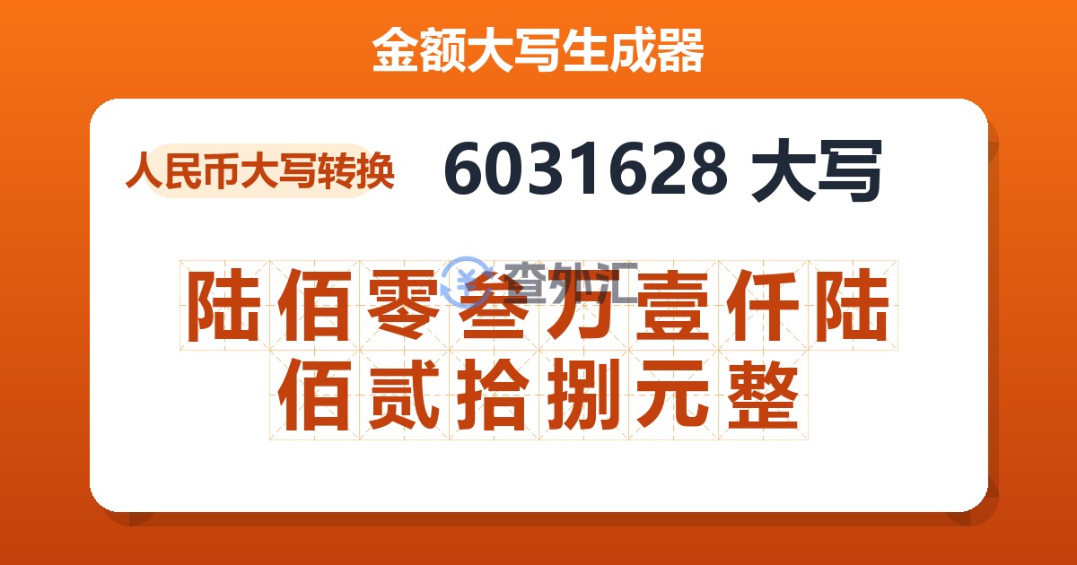 6031628大写 陆佰零叁万壹仟陆佰贰拾捌元整