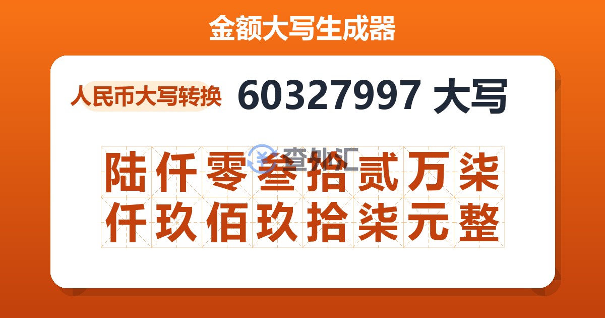 60327997大写 陆仟零叁拾贰万柒仟玖佰玖拾柒元整