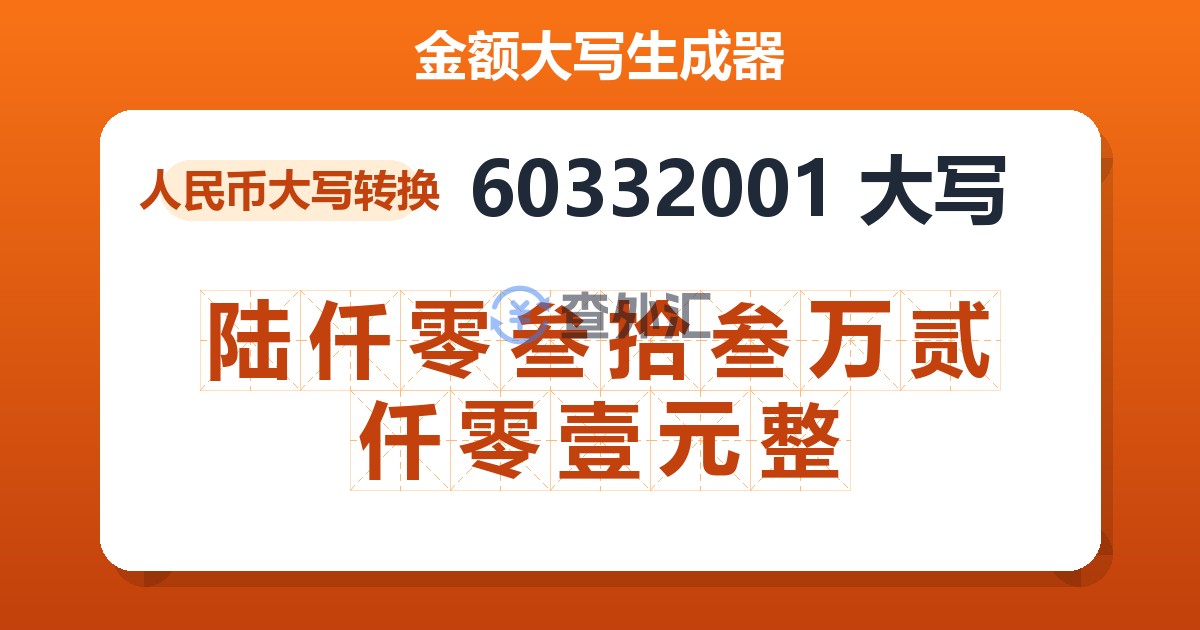 60332001大写 陆仟零叁拾叁万贰仟零壹元整