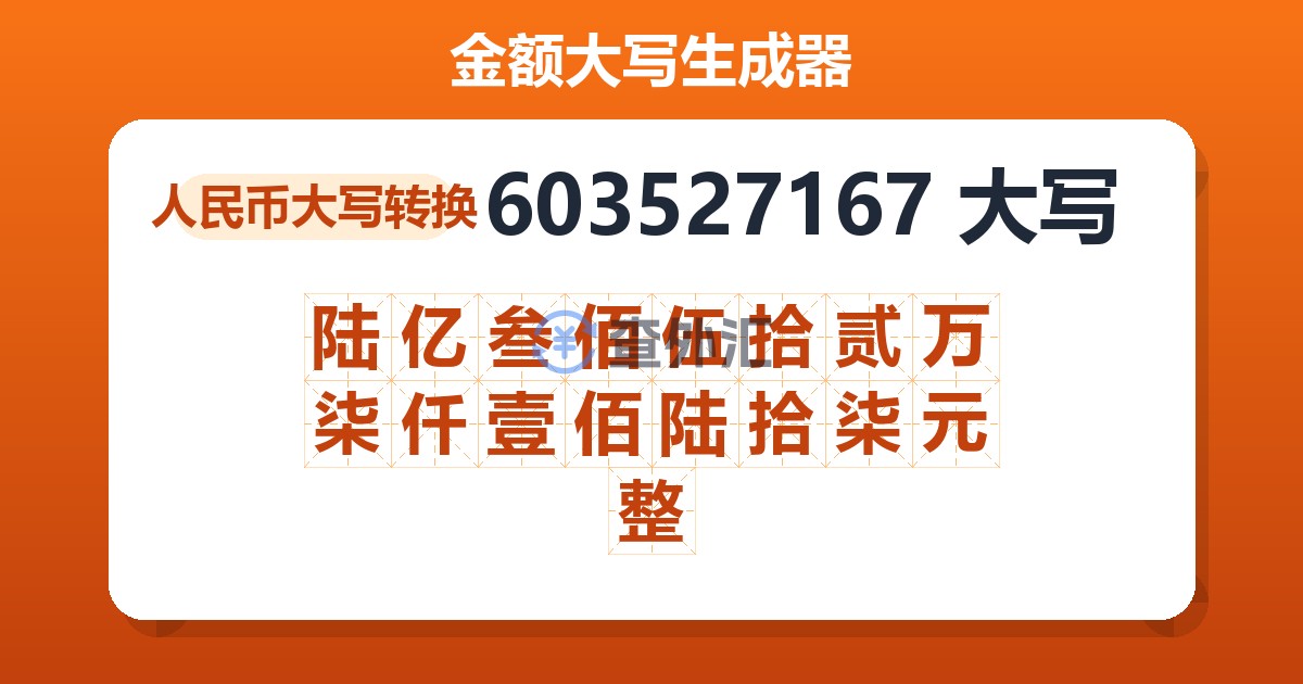 603527167大写 陆亿叁佰伍拾贰万柒仟壹佰陆拾柒元整