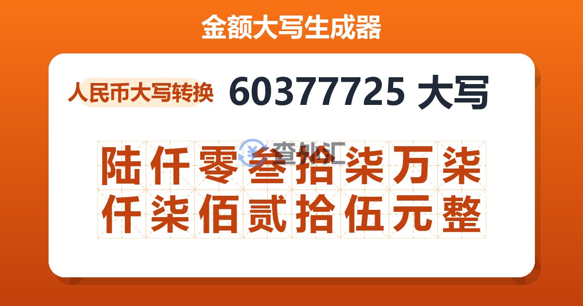 60377725大写 陆仟零叁拾柒万柒仟柒佰贰拾伍元整