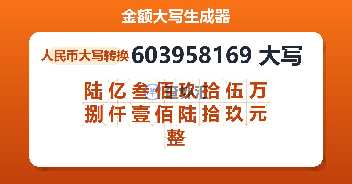 603958169大写 陆亿叁佰玖拾伍万捌仟壹佰陆拾玖元整