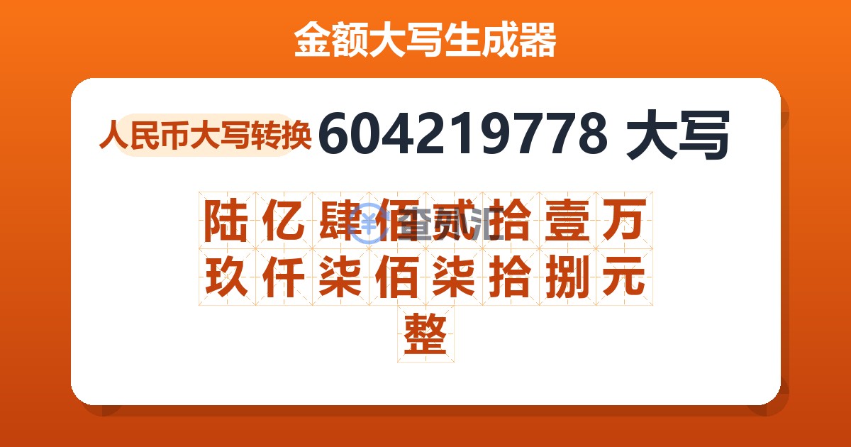 604219778大写 陆亿肆佰贰拾壹万玖仟柒佰柒拾捌元整