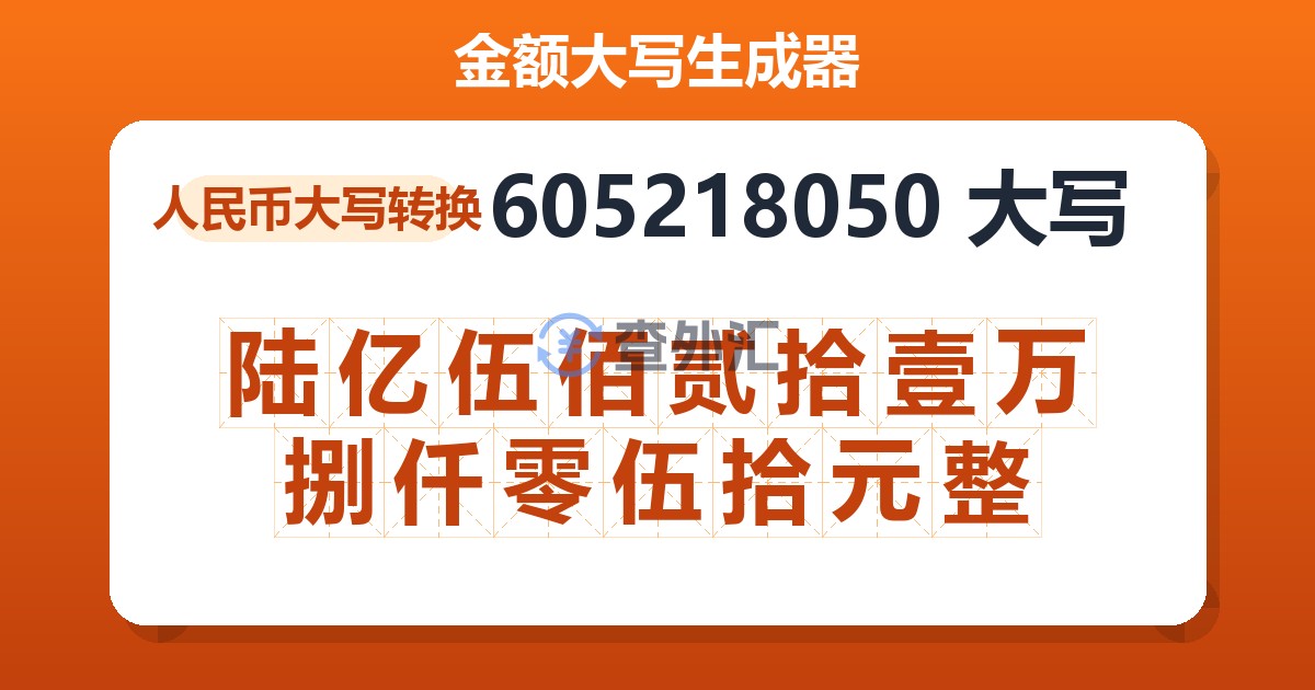605218050大写 陆亿伍佰贰拾壹万捌仟零伍拾元整
