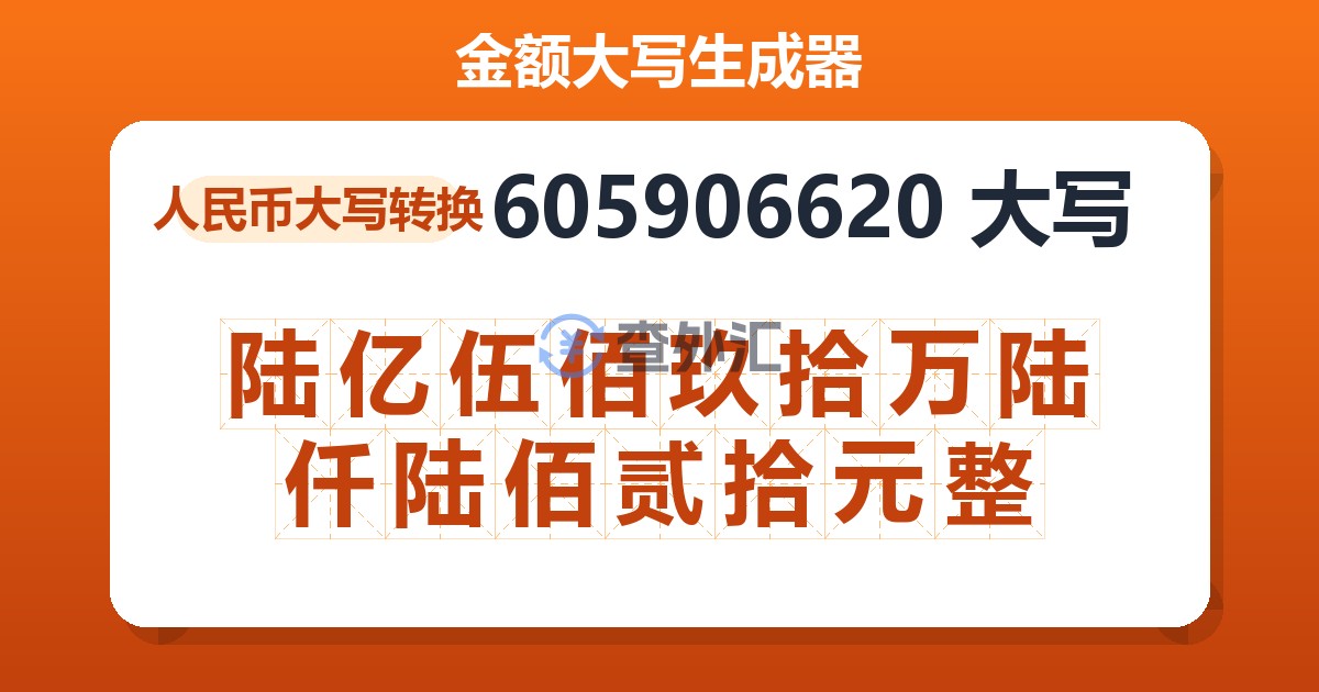 605906620大写 陆亿伍佰玖拾万陆仟陆佰贰拾元整